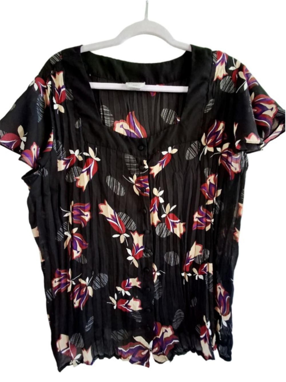 Worthington Black Floral Blouse 1X square neck business casual button-down